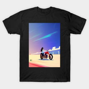 JAPANESE GIRL COOL RETRO MOTORCYCLE ON THE BEACH T-Shirt